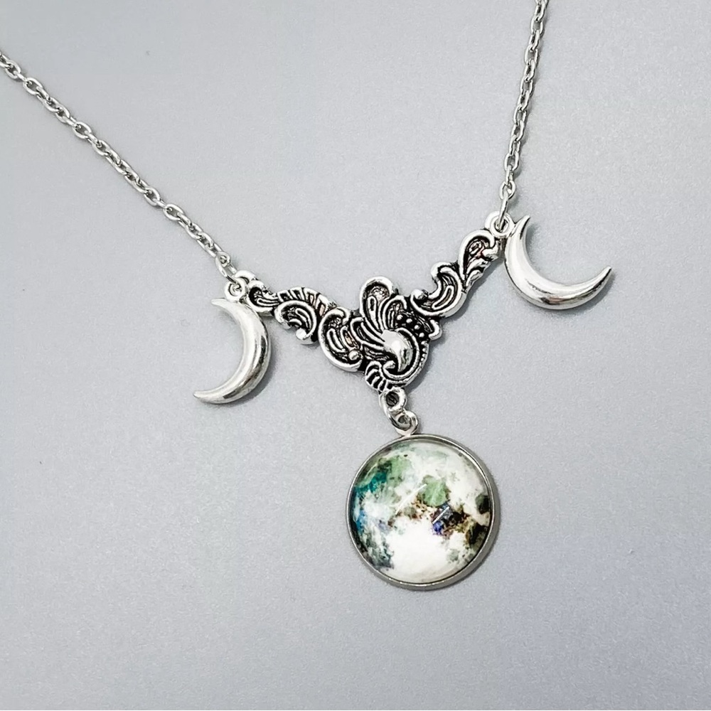 Triple Moon Necklace Goddess Moon Pendant | Silver Wiccan Jewelry | Pagan Witch